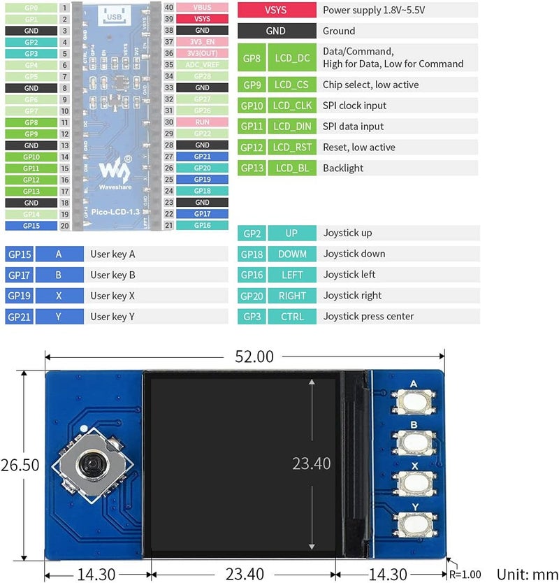 Waveshare 1.3inch LCD Display Module for Raspberry Pi Pico 65K RGB Colors 240×240 Pixels SPI Interface Comes with Raspberry Pi Pico C/C++ and MicroPython Demo - Image 4
